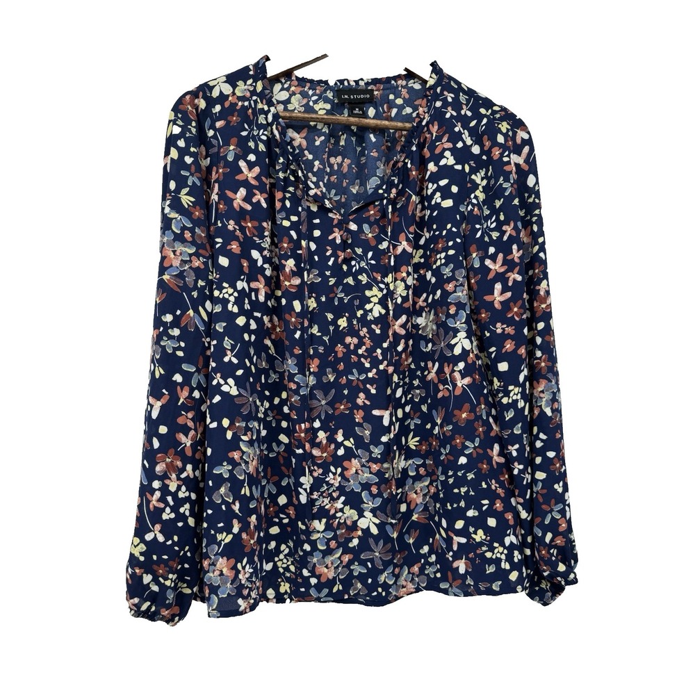 IN Studio M Navy  Floral Fairy Peasant sleeve top cottagecore ruffles blouse